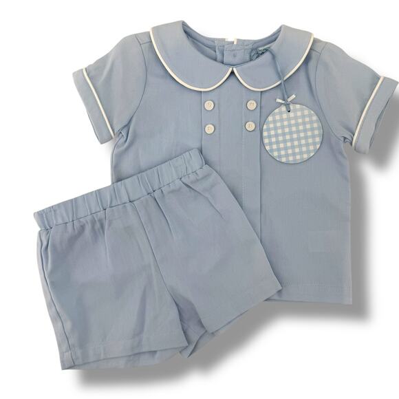 Edgehill Collection Peter Pan Collar Shirt Shorts 2pc Set Boys Sz 6 Mos Blue - Picture 1 of 5